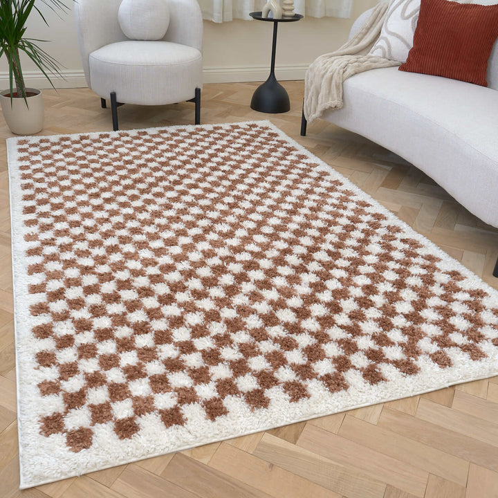 Moodi Shaggy Brown Rug, Tartan design, soft and comfortable pile | THE RUGS