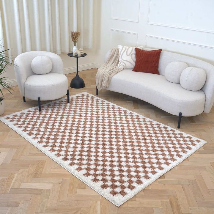 Moodi Shaggy Brown Rug, Tartan design, soft and comfortable pile | THE RUGS