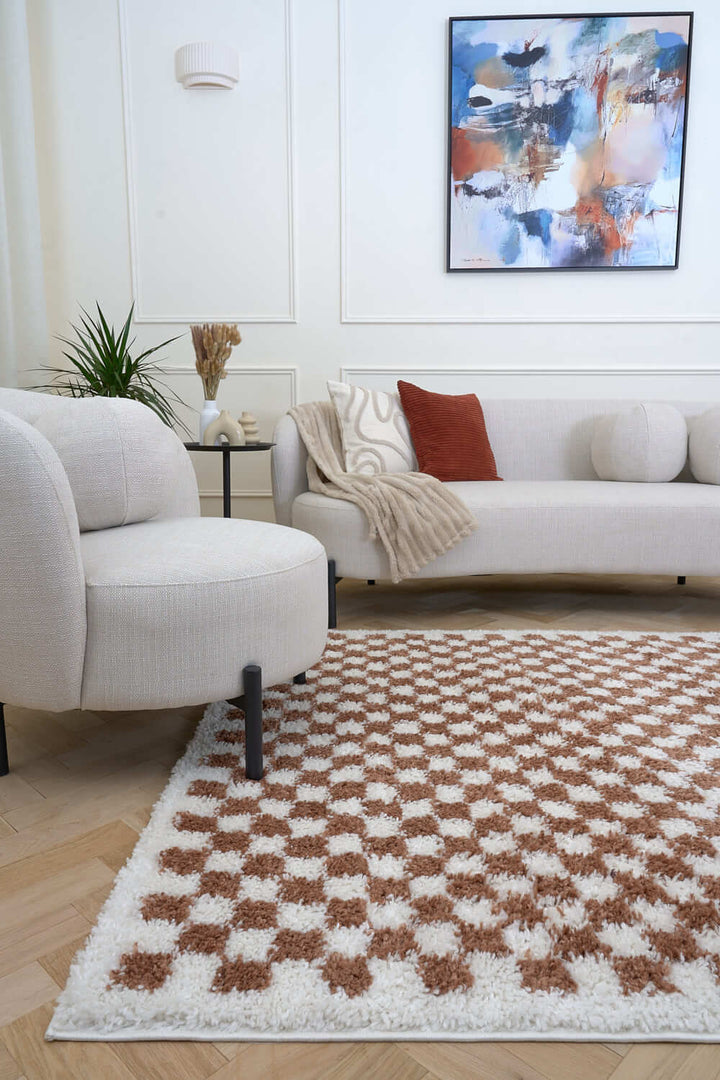 Moodi Shaggy Brown Rug, Tartan design, soft and comfortable pile | THE RUGS