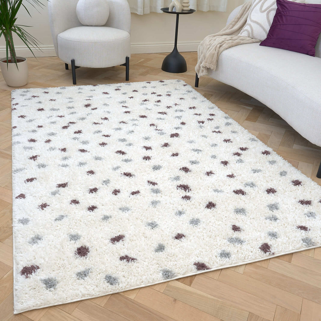Moodi Shaggy Grey/Purple Rug, dots design, underfloor heating rug | THE RUGS
