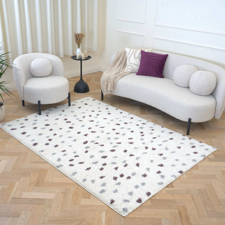 Moodi Shaggy Grey/Purple Rug, dots design, underfloor heating rug | THE RUGS