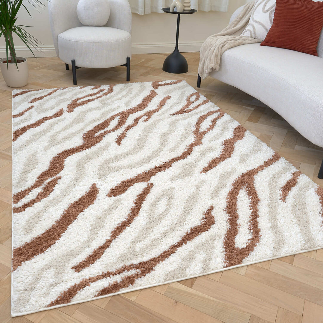 Moodi Shaggy Cream/Brown, abstract design, underfloor heating | THE RUGS