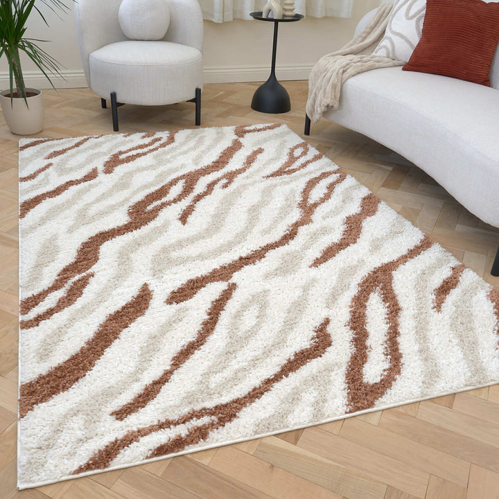 Moodi Shaggy Cream/Brown, abstract design, underfloor heating | THE RUGS