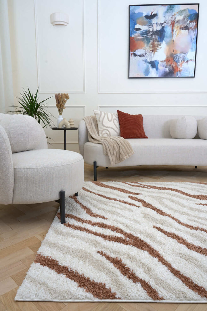 Moodi Shaggy Cream/Brown, abstract design, underfloor heating | THE RUGS