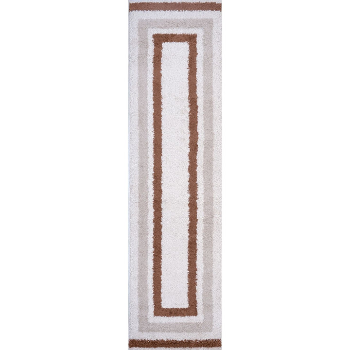 Moodi Shaggy Cream/Brown Rug, Bordered design, easy to clean, fluffy pile| THE RUGS