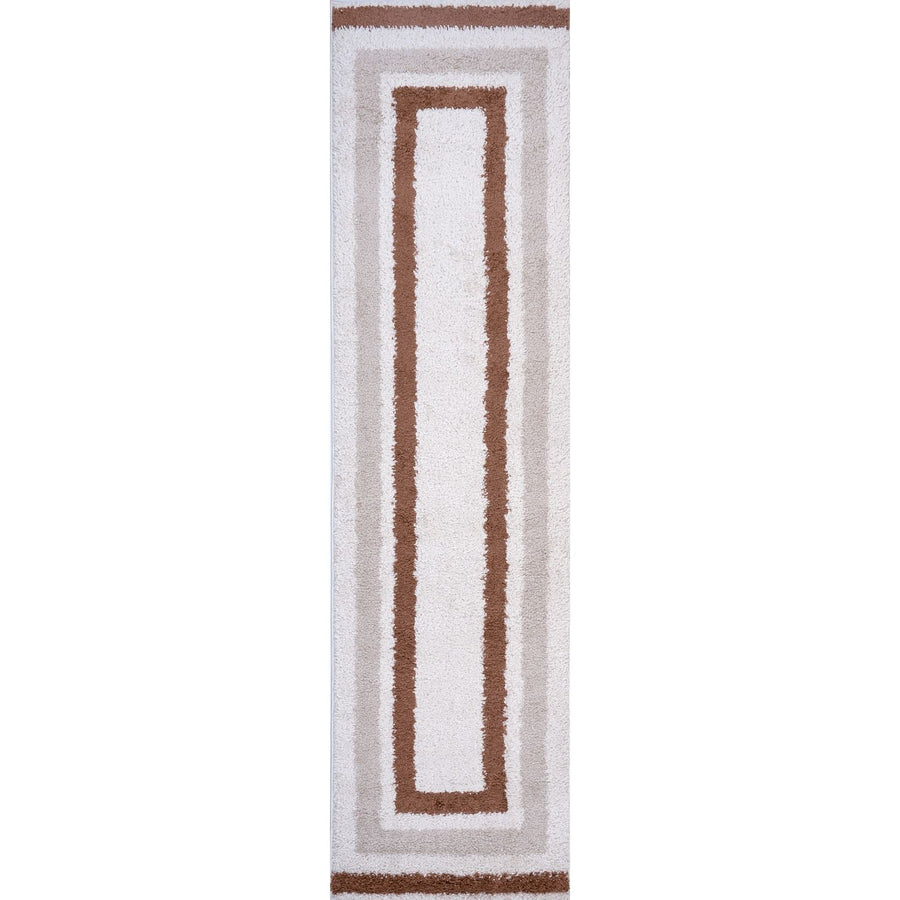 Moodi Shaggy Cream/Brown Rug, Bordered design, easy to clean, fluffy pile| THE RUGS