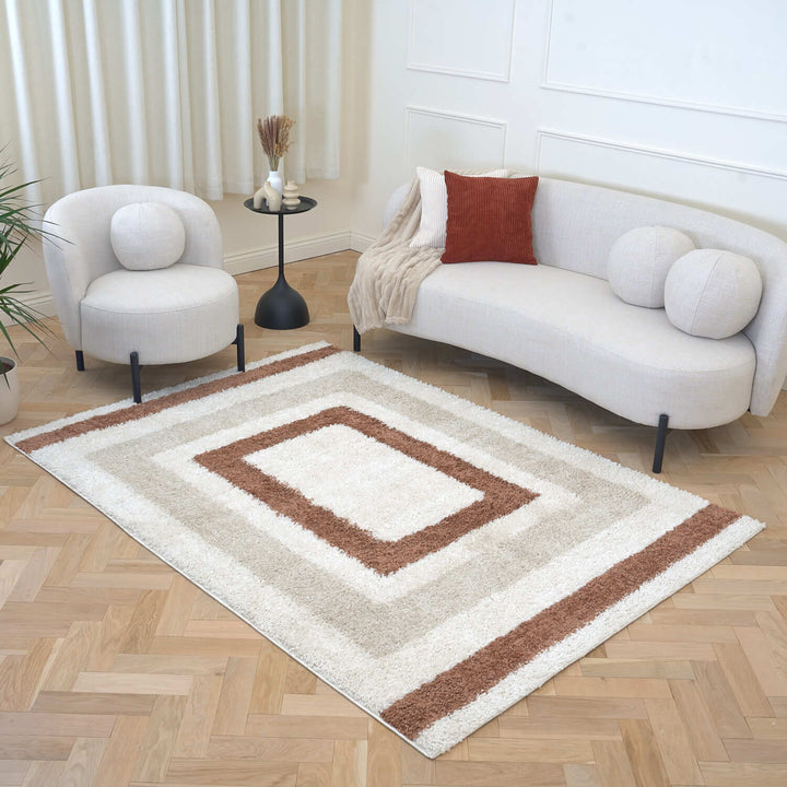 Moodi Shaggy Cream/Brown Rug, Bordered design, easy to clean, fluffy pile| THE RUGS