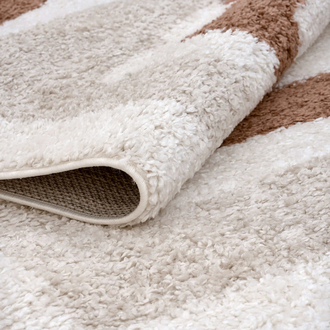 Moodi Shaggy Cream/Brown Rug, Bordered design, easy to clean, fluffy pile| THE RUGS