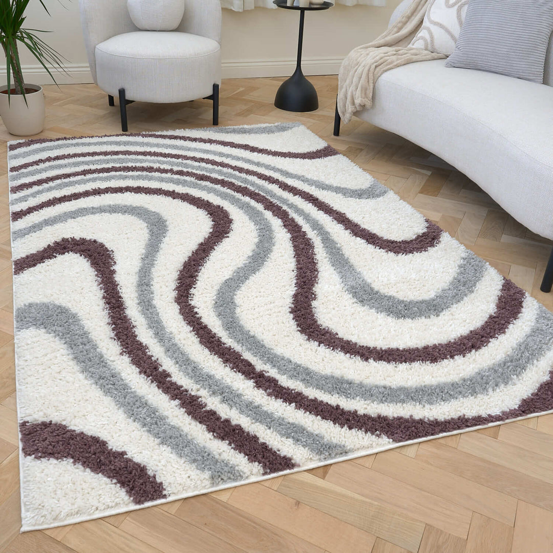 Moodi Shaggy Grey/Purple rug, striped design, soft pile | THE RUGS