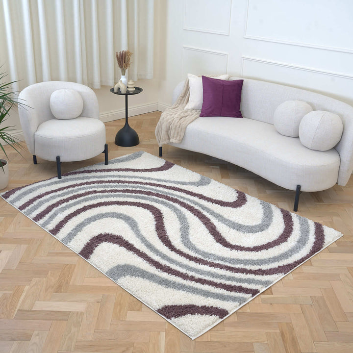 Moodi Shaggy Grey/Purple rug, striped design, soft pile | THE RUGS