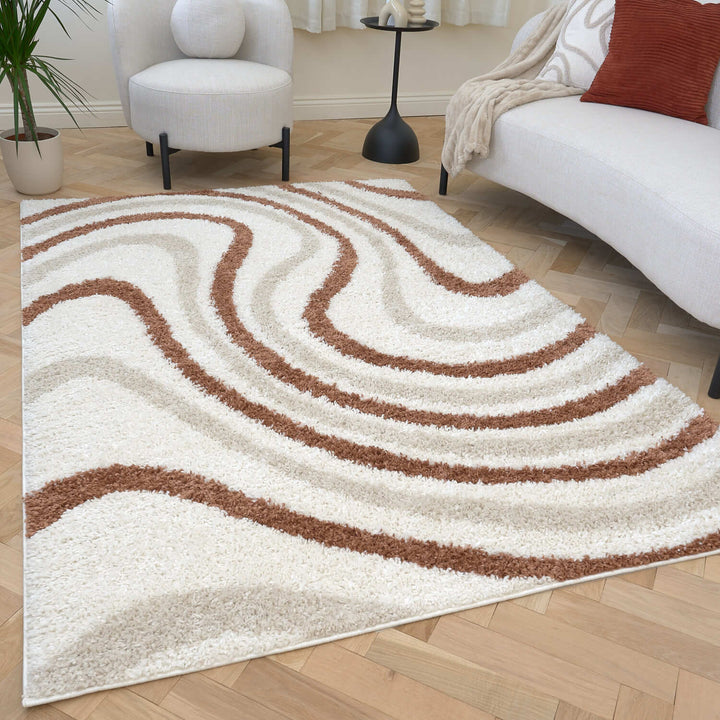 Moodi Shaggy Cream/Brown Rug, Striped design, soft pile | THE RUGS
