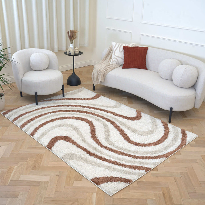 Moodi Shaggy Cream/Brown Rug, Striped design, soft pile | THE RUGS