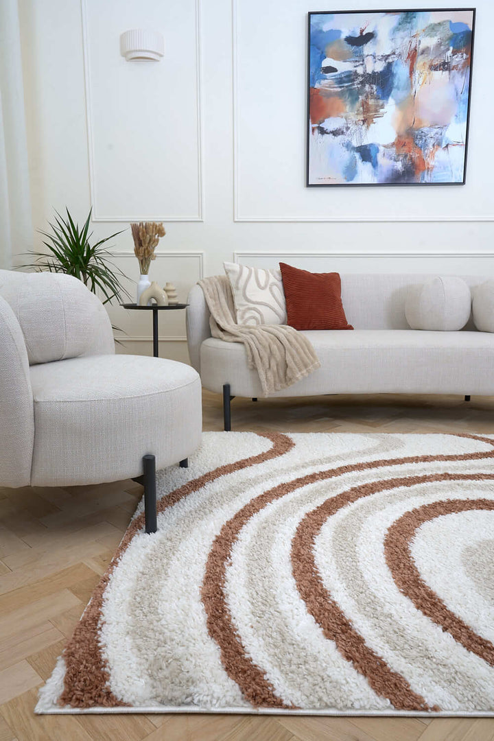 Moodi Shaggy Cream/Brown Rug, Striped design, soft pile | THE RUGS
