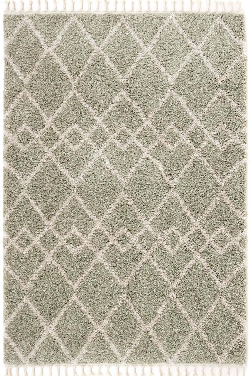 Moroccan style rug in Eucalyptus Green and Ivory with intricate diamond pattern and tassel detailing.