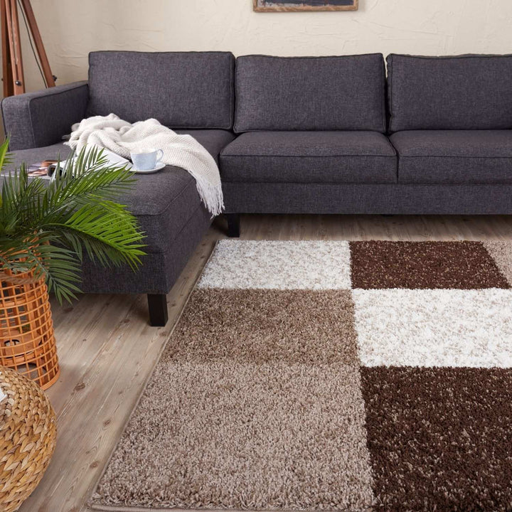 Shaggy Rug Geometric Design Brown