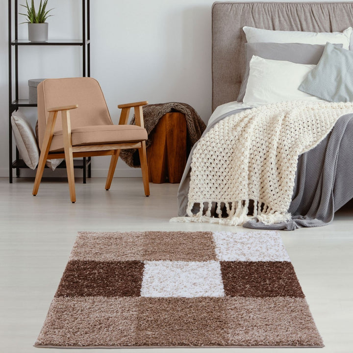 Shaggy Rug Geometric Design Brown