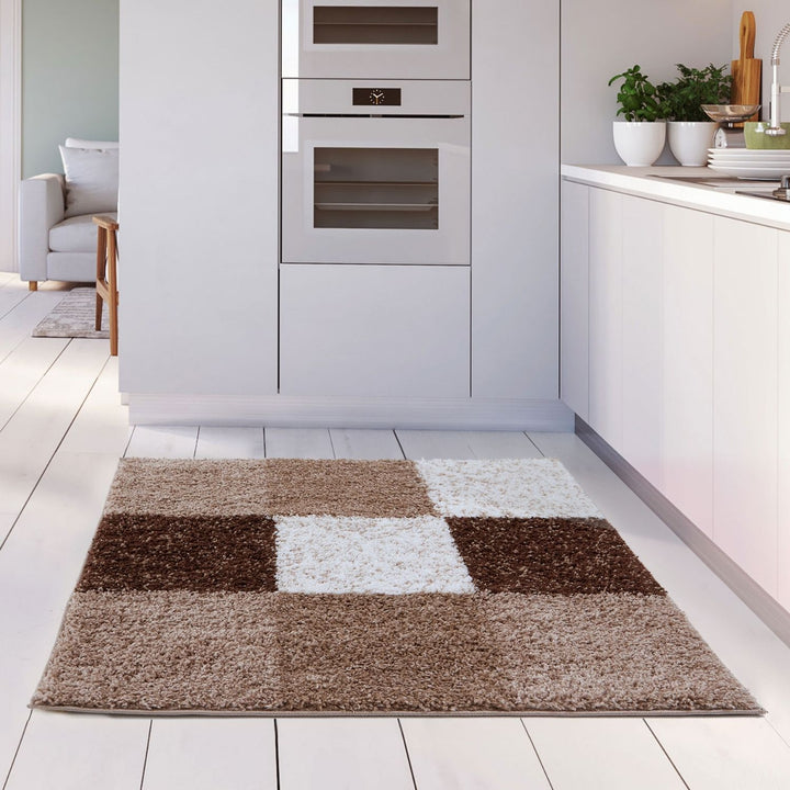 Shaggy Rug Geometric Design Brown