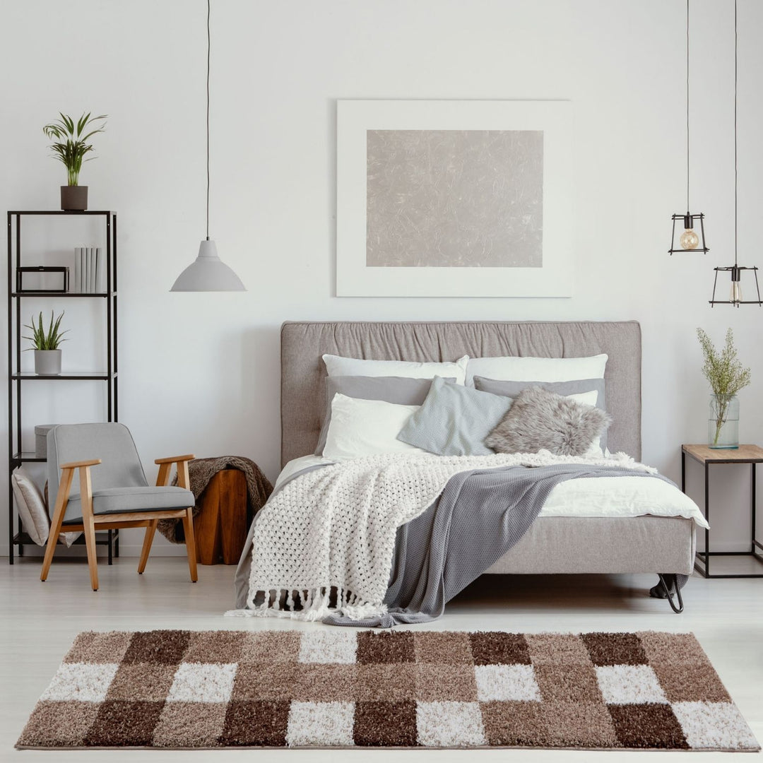 Shaggy Rug Geometric Design Brown