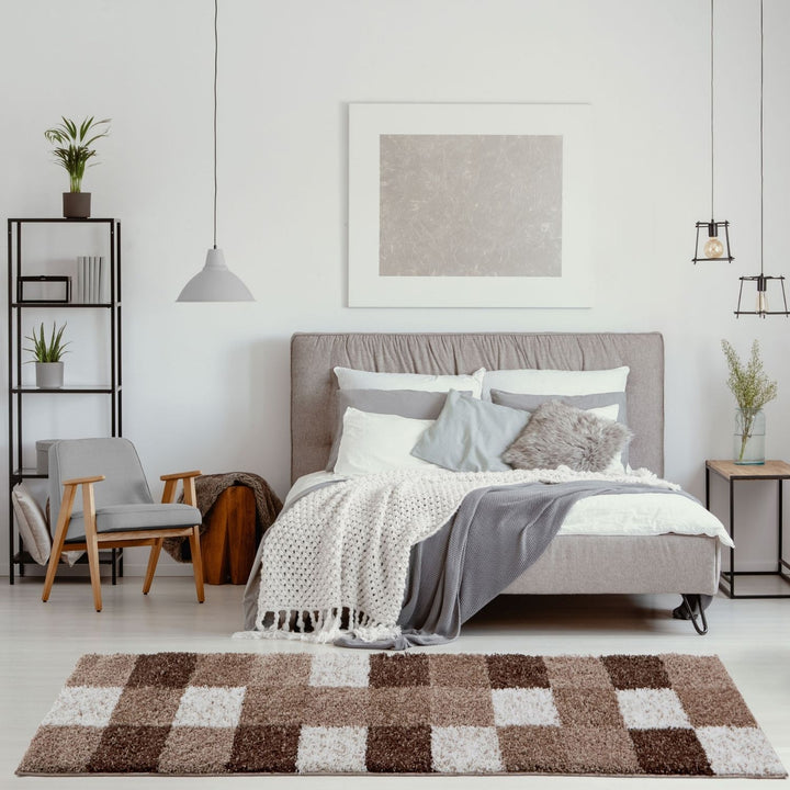 Shaggy Rug Geometric Design Brown