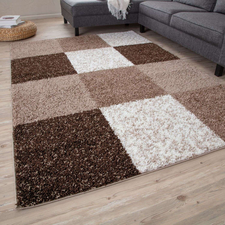Shaggy Rug Geometric Design Brown