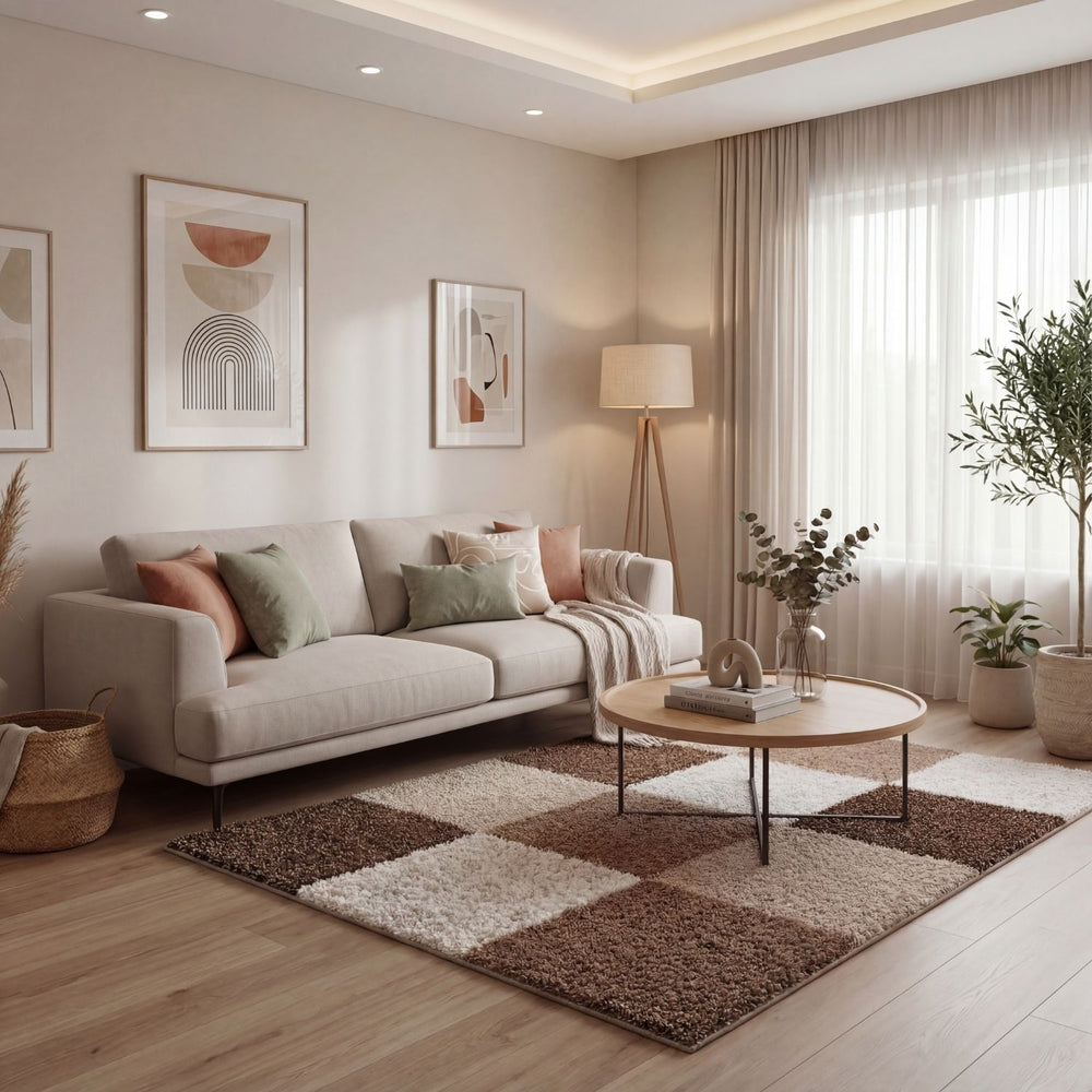 Shaggy Rug Geometric Design Brown