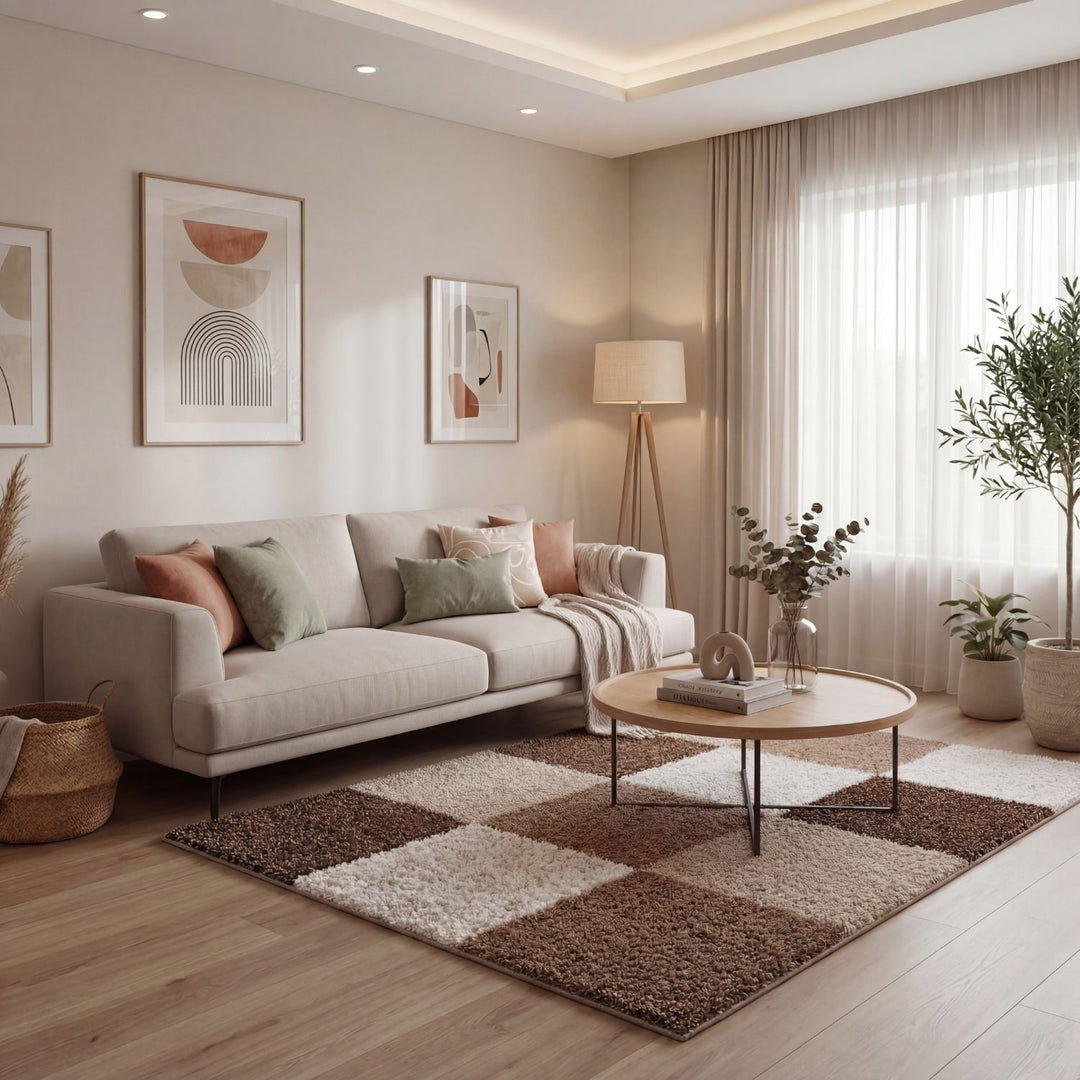 Shaggy Rug Geometric Design Brown