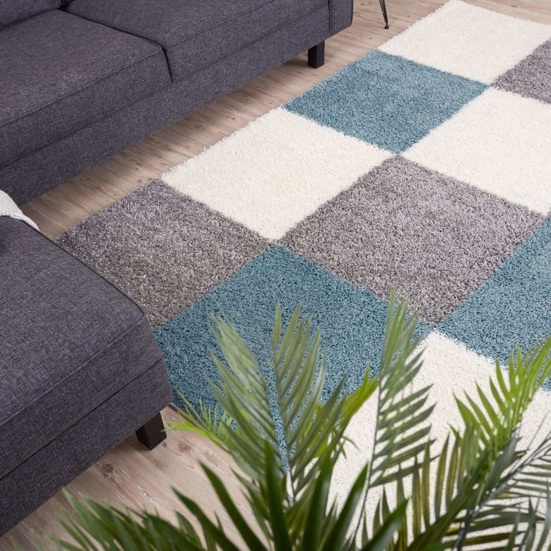 Geometric Design Thick Shaggy Area Rugs Duck Egg Blue