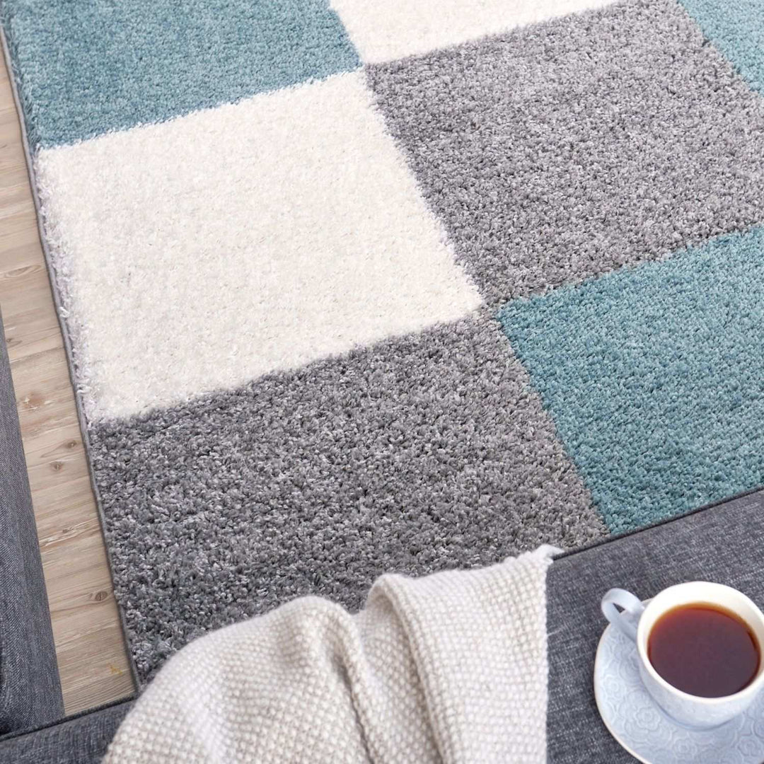 Geometric Design Thick Shaggy Area Rugs Duck Egg Blue