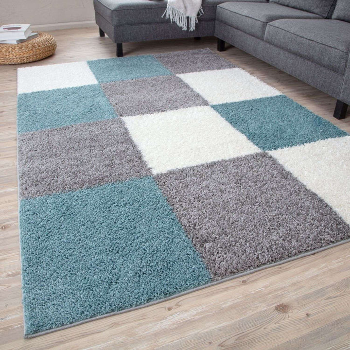 Geometric Design Thick Shaggy Area Rugs Duck Egg Blue