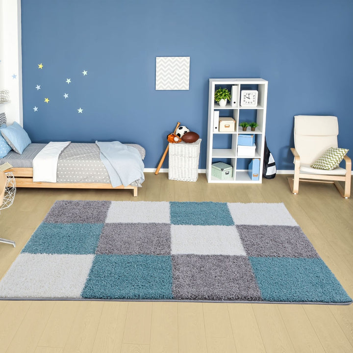 Geometric Design Thick Shaggy Area Rugs Duck Egg Blue