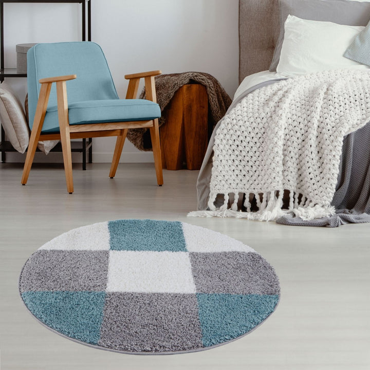 Geometric Design Thick Shaggy Area Rugs Duck Egg Blue
