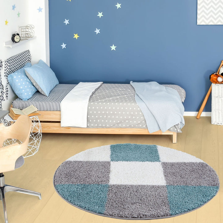 Geometric Design Thick Shaggy Area Rugs Duck Egg Blue
