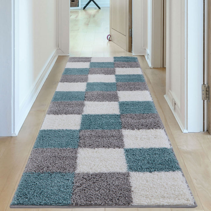 Geometric Design Thick Shaggy Area Rugs Duck Egg Blue