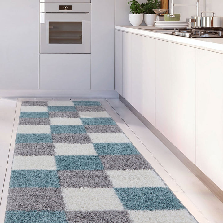 Geometric Design Thick Shaggy Area Rugs Duck Egg Blue