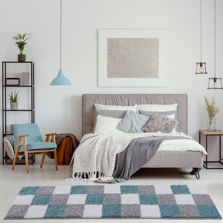 Geometric Design Thick Shaggy Area Rugs Duck Egg Blue