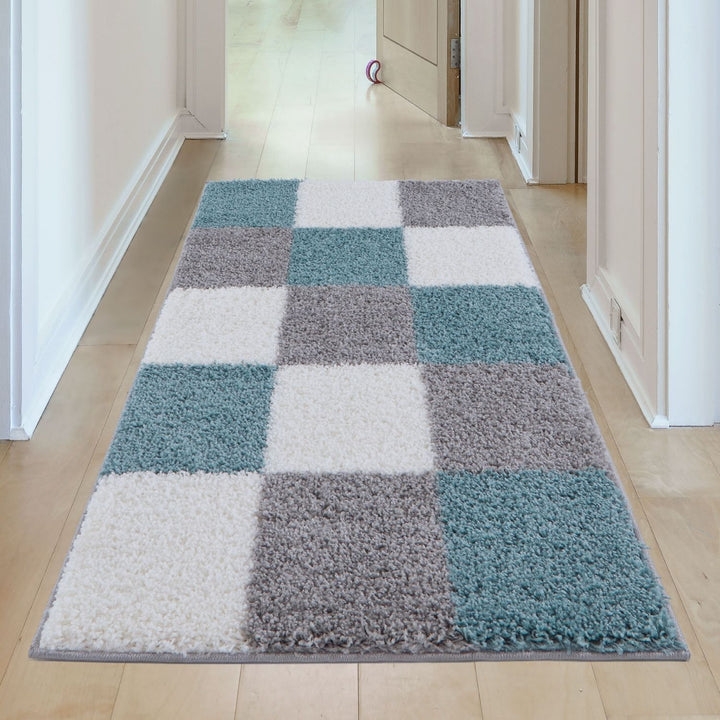 Geometric Design Thick Shaggy Area Rugs Duck Egg Blue