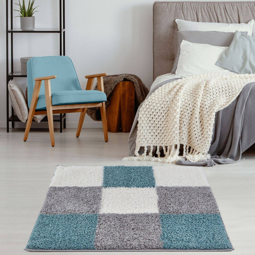 Geometric Design Thick Shaggy Area Rugs Duck Egg Blue