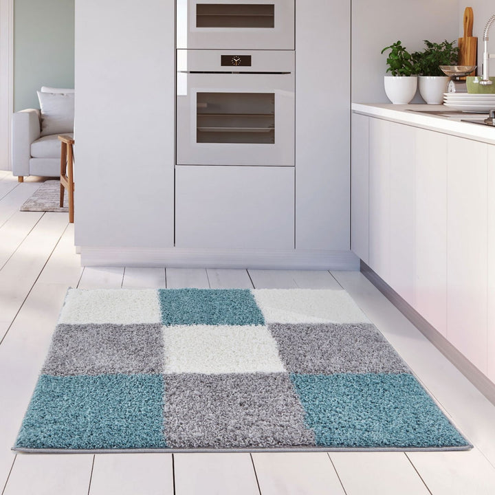 Geometric Design Thick Shaggy Area Rugs Duck Egg Blue
