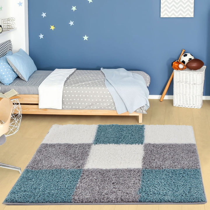 Geometric Design Thick Shaggy Area Rugs Duck Egg Blue