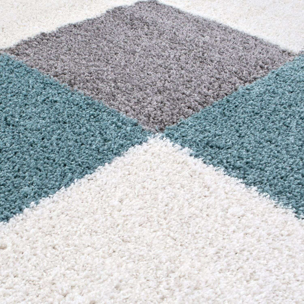 Geometric Design Thick Shaggy Area Rugs Duck Egg Blue