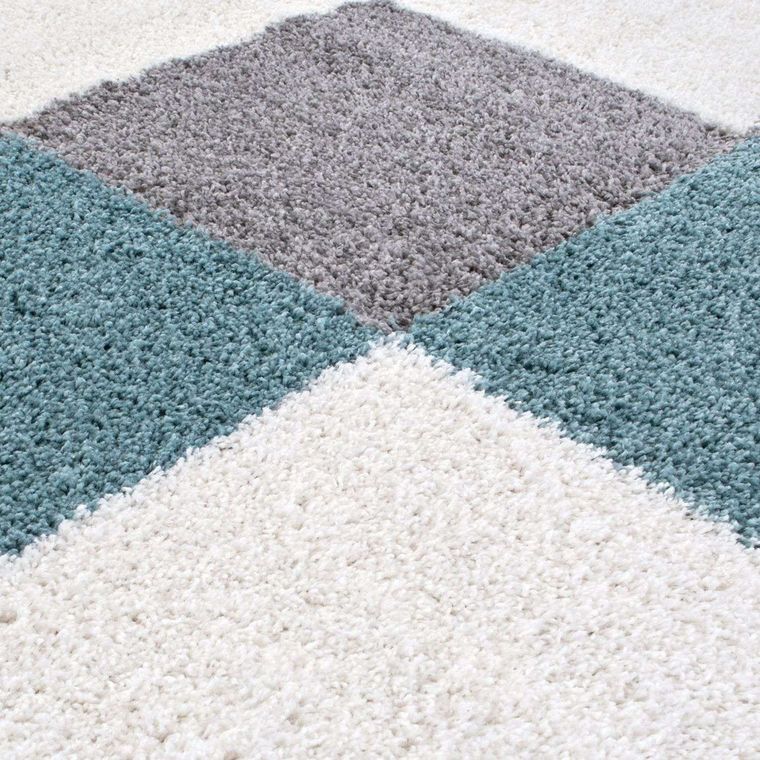 Geometric Design Thick Shaggy Area Rugs Duck Egg Blue