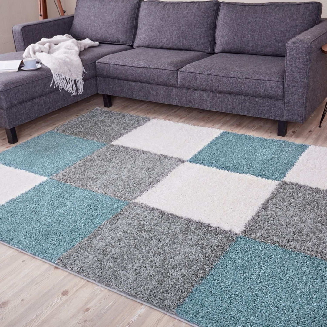 Geometric Design Thick Shaggy Area Rugs Duck Egg Blue
