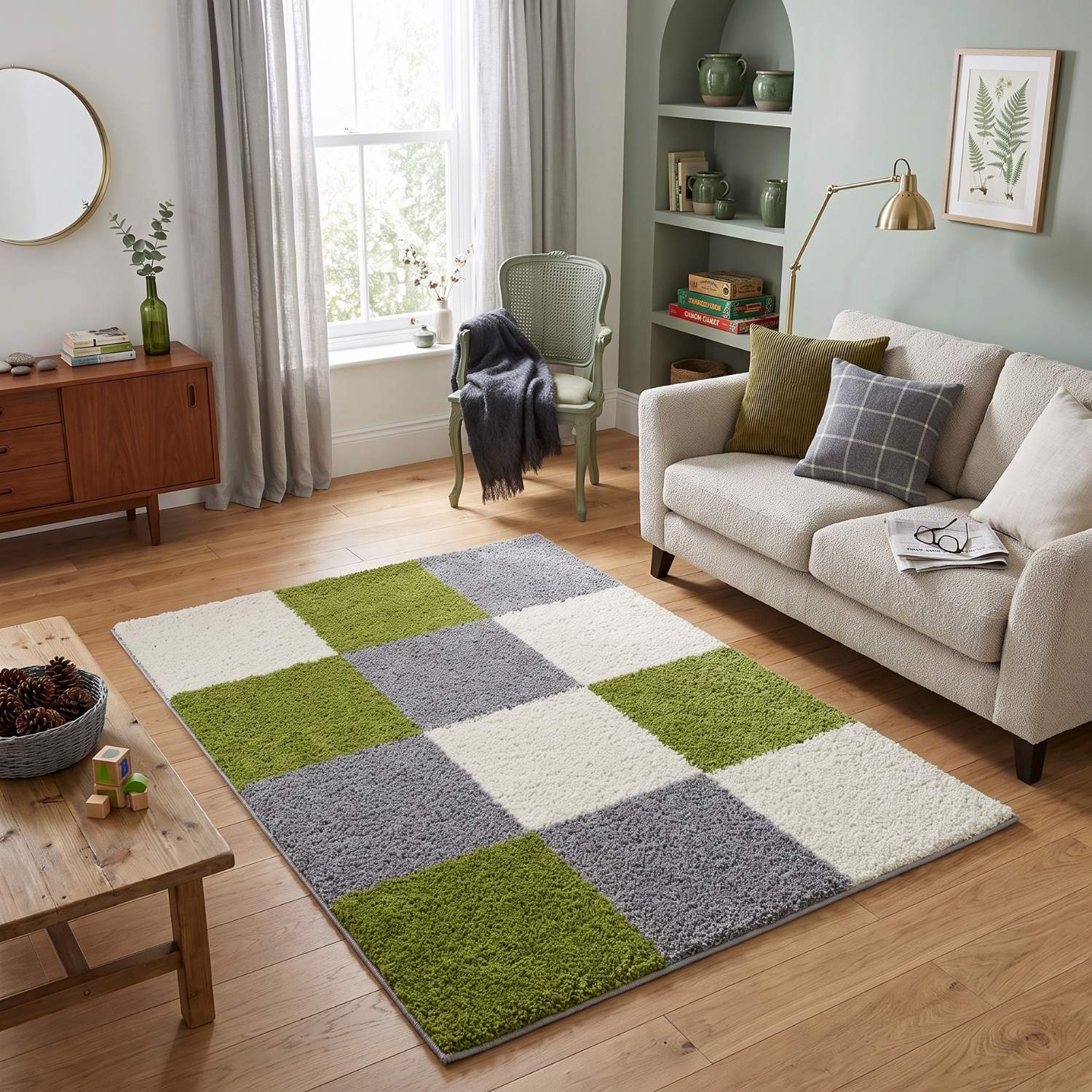 Myshaggy Geometric Green Rug, non-shedding, pet-friendly rug.