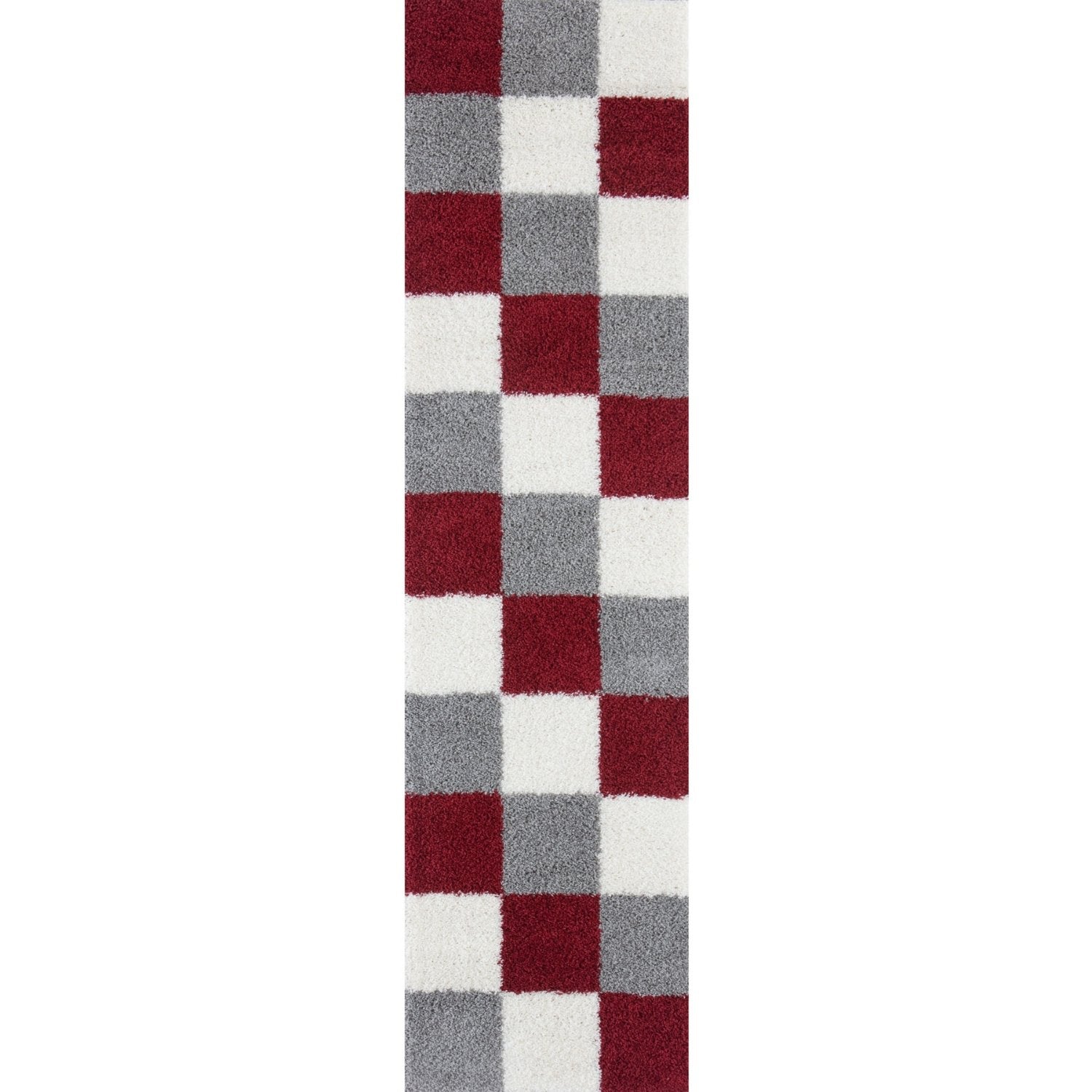 Shaggy Geometric design, red-grey colours runner rug.
