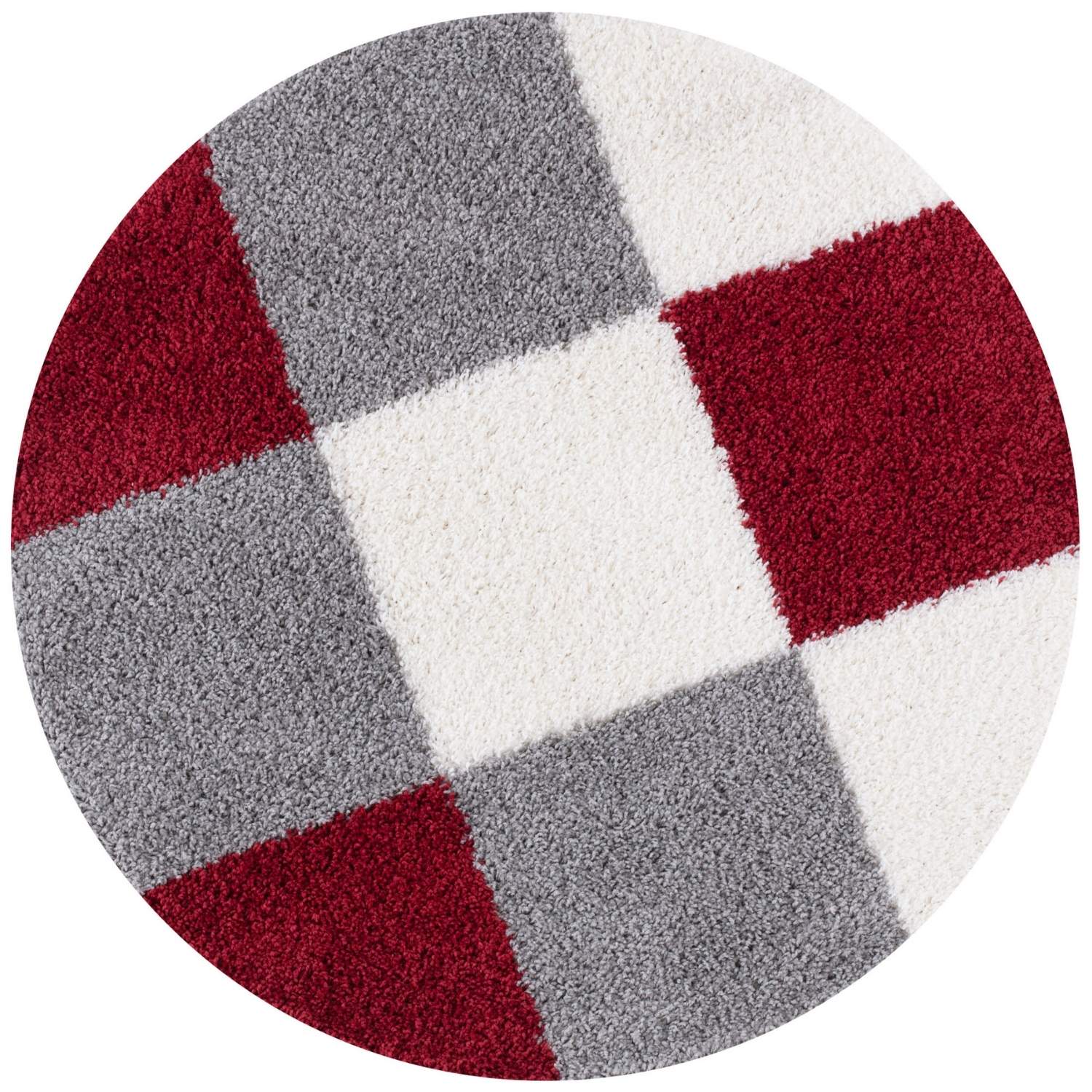 Round checkered rug with red, gray, and white squares on a white background