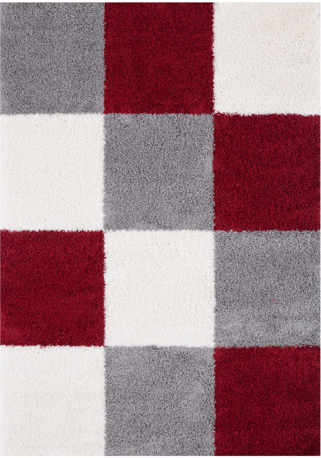 Checkered rug with red, gray, and white squares