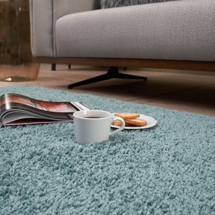 Shaggy duck egg blue rug high quality, thick pile 30 mm, easy to clean.