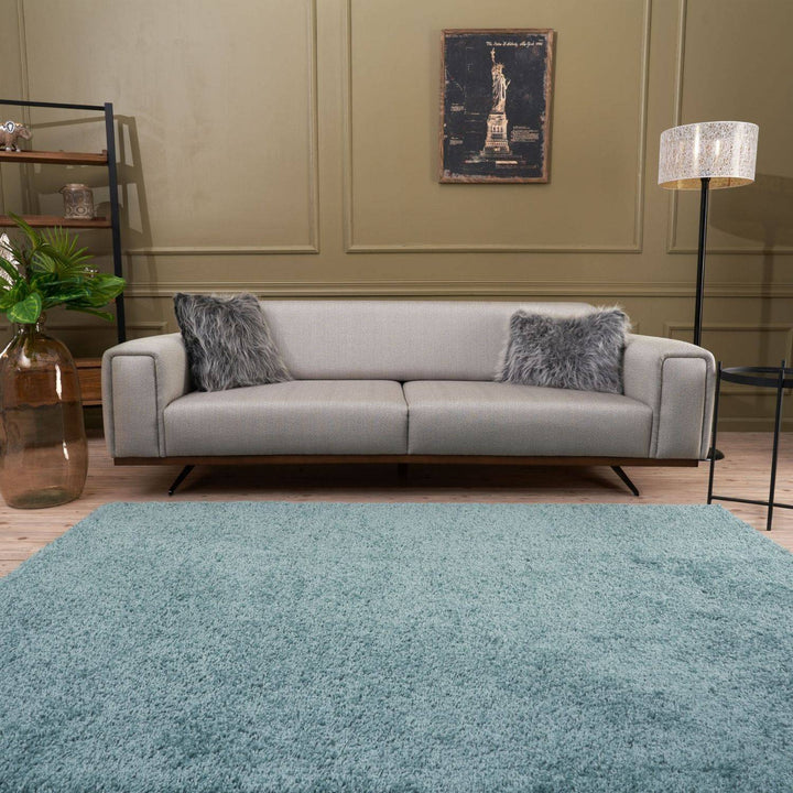 Shaggy duck egg blue rug high quality, thick pile 30 mm, easy to clean.