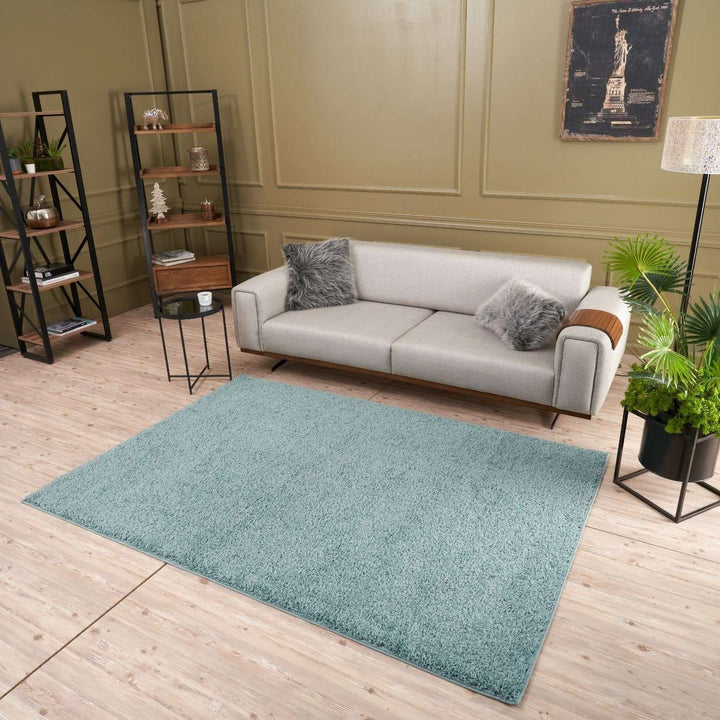 Shaggy duck egg blue rug high quality, thick pile 30 mm, easy to clean.