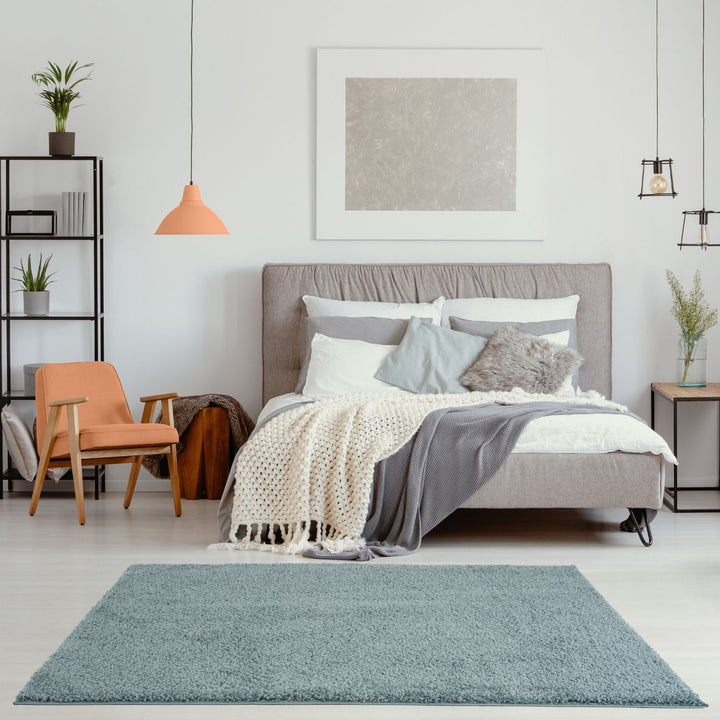 Shaggy duck egg blue rug high quality, thick pile 30 mm, easy to clean.